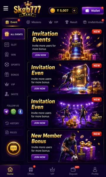 Bonus features image of SKGB777 Game showing welcome rewards, daily activity features, referral options, event highlights, updated benefits, and trending mobile entertainment experience.