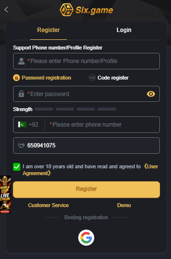 six apk game - registration