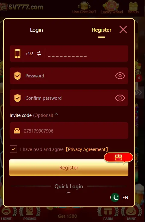 SV777 Game registration form for new users