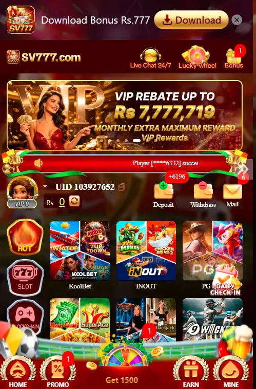 SV777 Game home page showing the main gaming interface