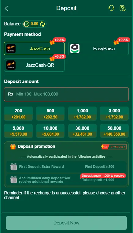 gaming deposit section with payment methods