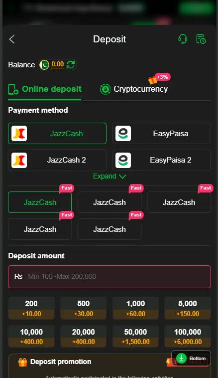 Deposit section with payment options