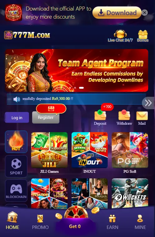 777M mobile home screen with games wallet and account options