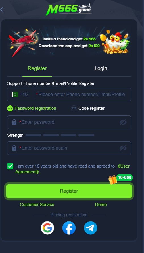 M666 Game registration page showing account sign-up fields.