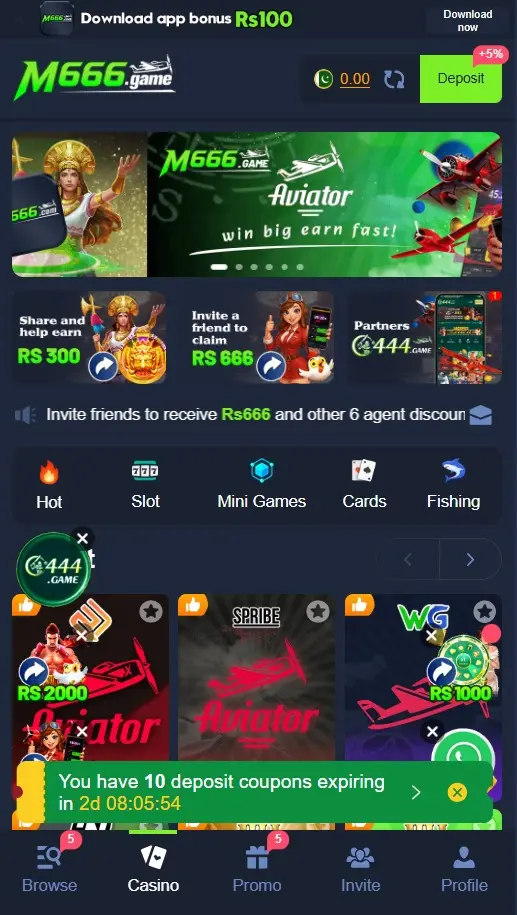 M666 Game home page showing the gaming dashboard and navigation features.