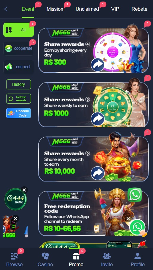 M666 Game promotions page displaying available bonuses and promotional offers.