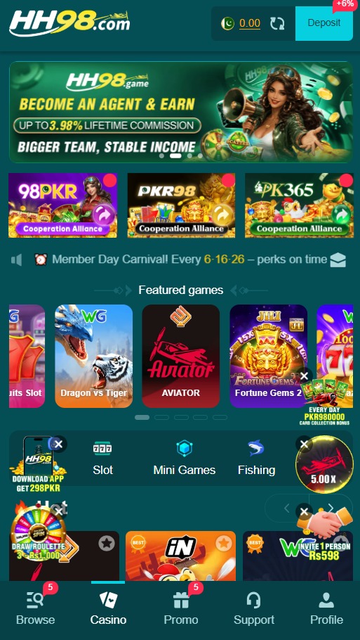 HH98 Game home page interface on mobile