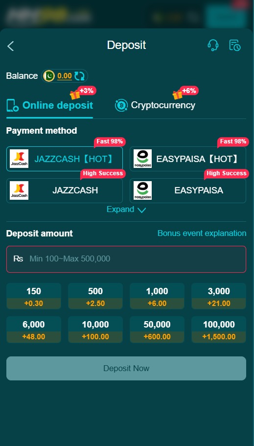 HH98 Game deposit page and payment options