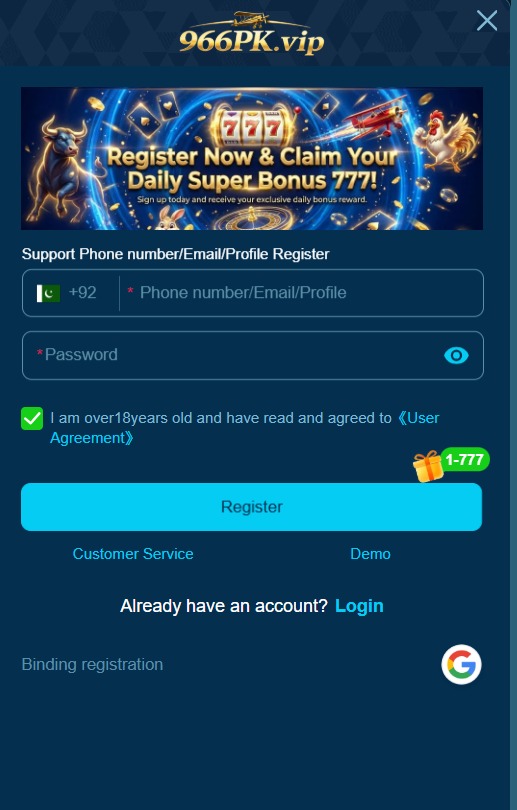 966PK Game registration page with new account sign-up fields.