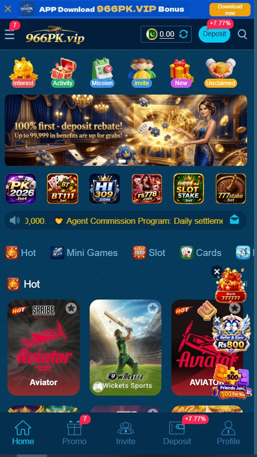 966PK Game home page with games, account options, and navigation menu.