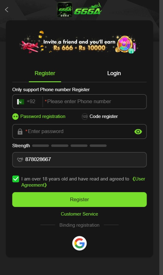 666A Game registration page showing the account creation interface.