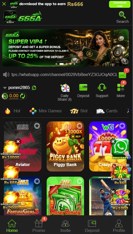 666A Game home page showing the mobile interface and main game sections.