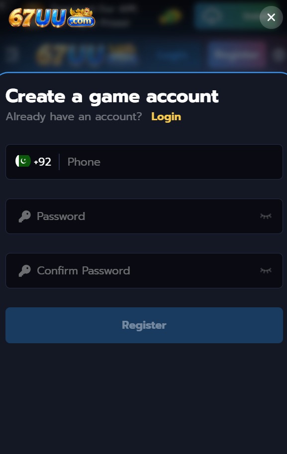 67UU Game registration page showing account creation fields.