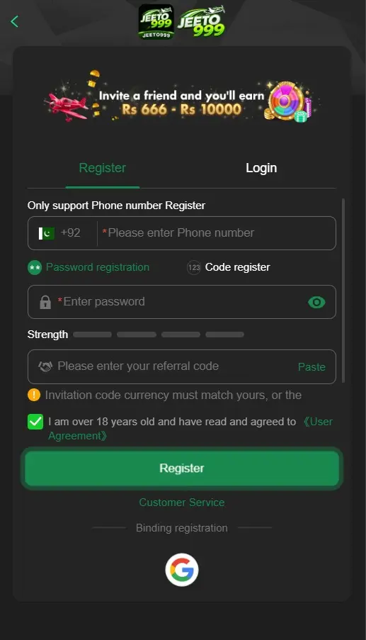 JEETO999 Game registration page on Android