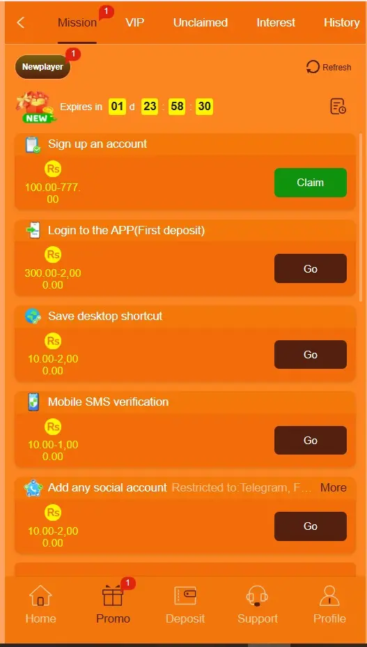 IC777 Game promotions page showing available offers