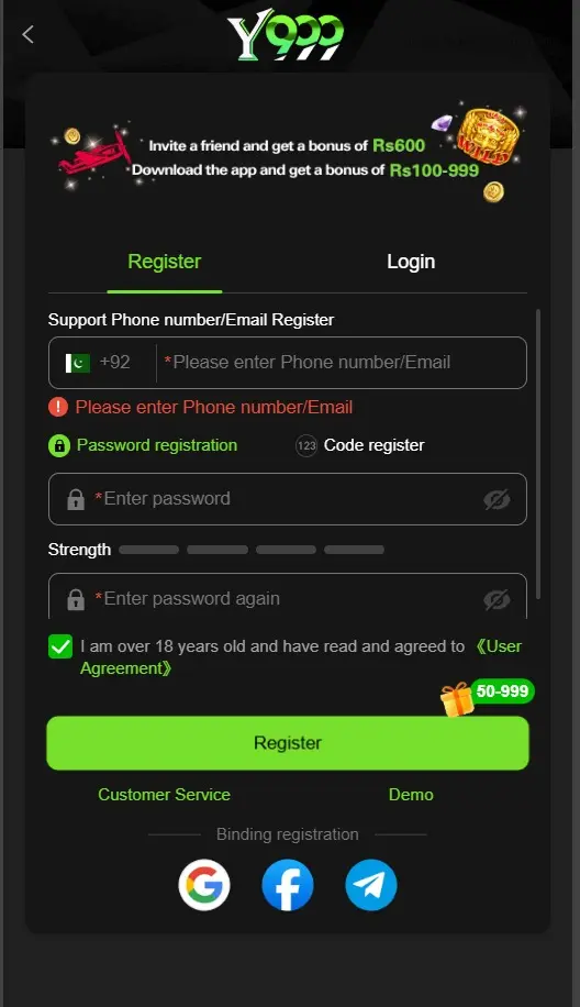 Y999 Game registration and sign up page