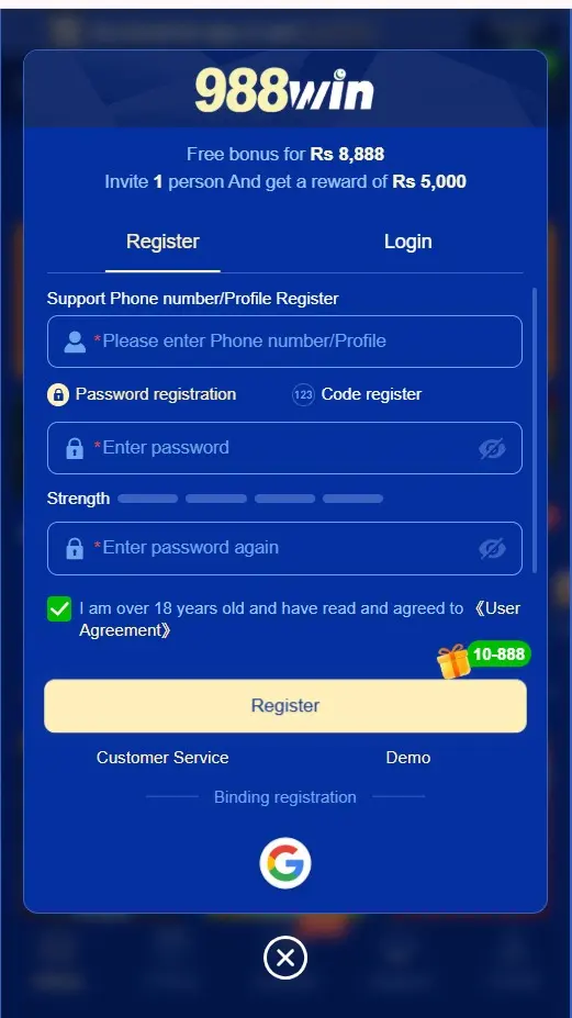 988Win Game registration and sign up page