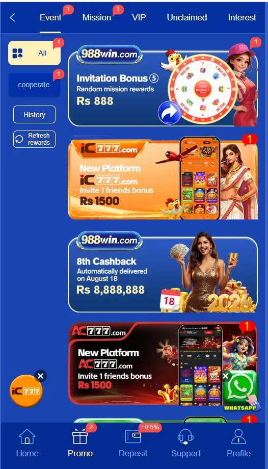 988Win Game promotions and offers page