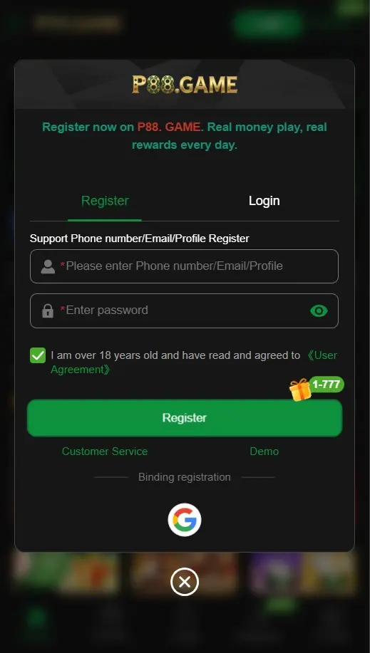 registration page and account signup form