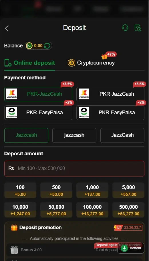deposit page and payment options