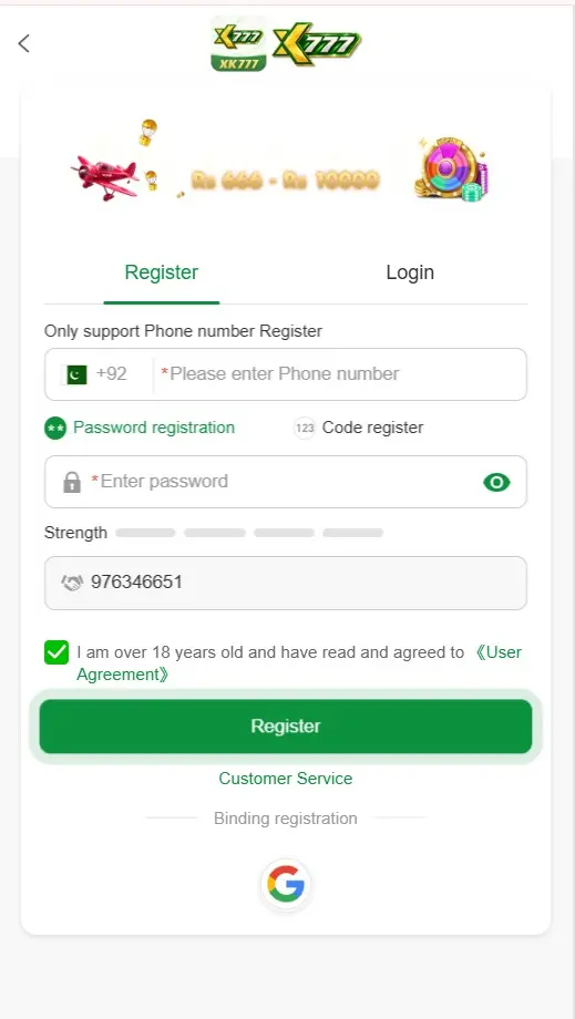 Create an account through the XK777 Game registration page.